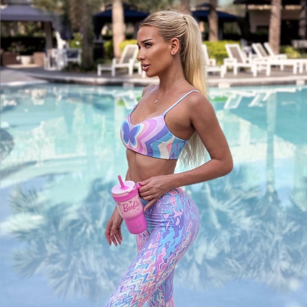 Women's Pastel Patterned Sports Bra and Leggings Set - Pink & Lavender